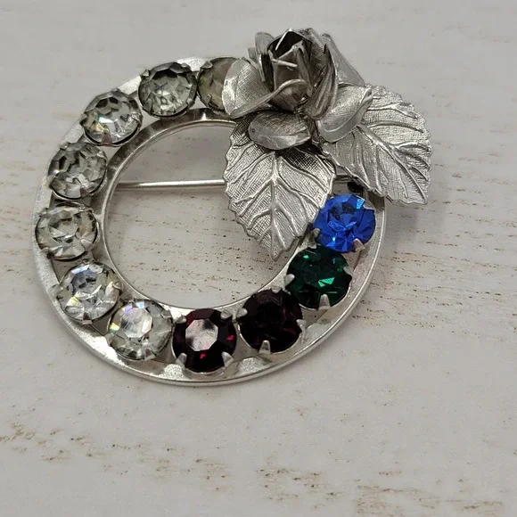 Sterling Silver Multi Color Rhinestone Wreath Brooch Pin Set Mother's Day Gift - Picture 3 of 12